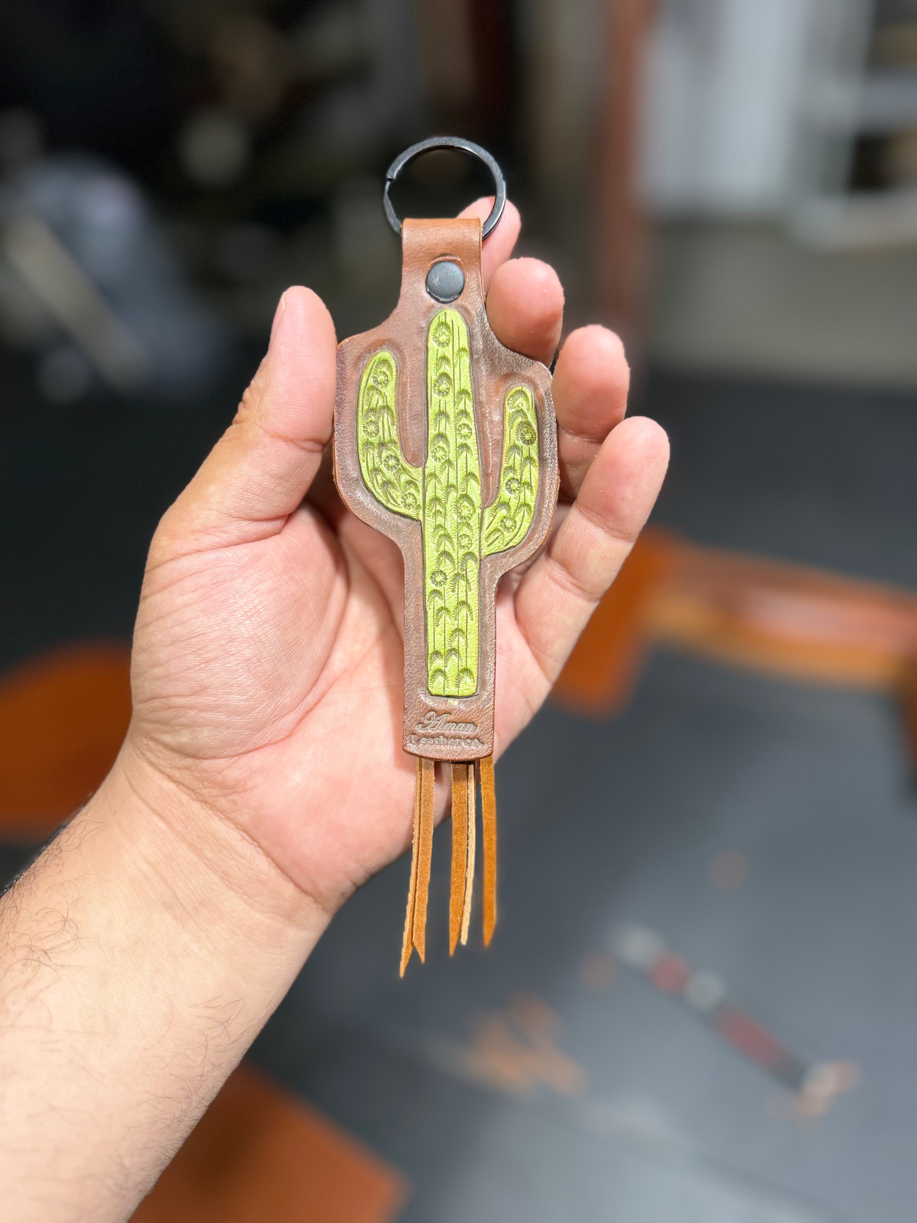Handcrafted Leather Cactus Keychain with Fringe